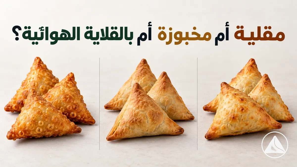 سمبوسات مقلية ومخبوزة ومطهية بالقلاية الهوائية معروضة جنبًا إلى جنب