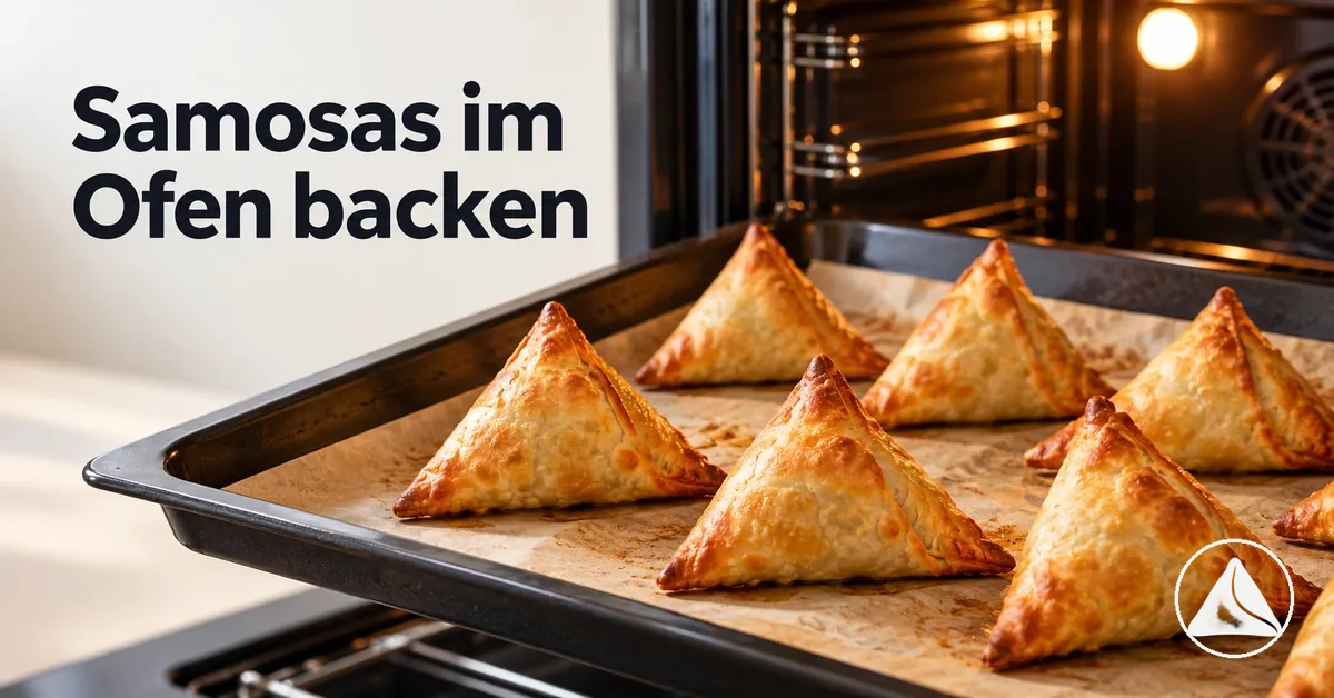 Samosas werden auf einem Blech knusprig und gleichmäßig goldbraun gebacken