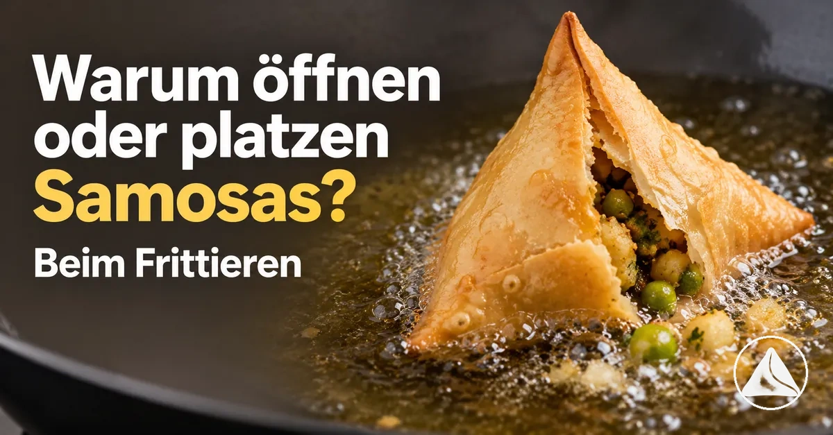 Beim Frittieren geöffnete Samosa mit austretender Füllung an der Naht