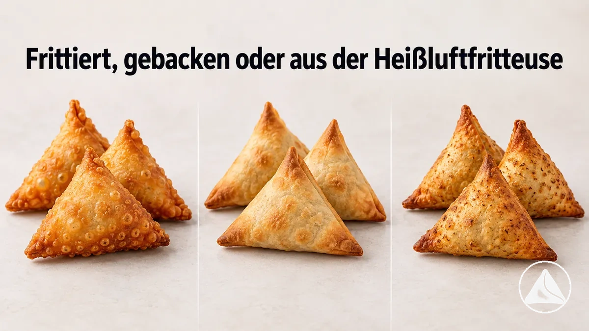 Frittierte, gebackene und in der Heißluftfritteuse zubereitete Samosas nebeneinander