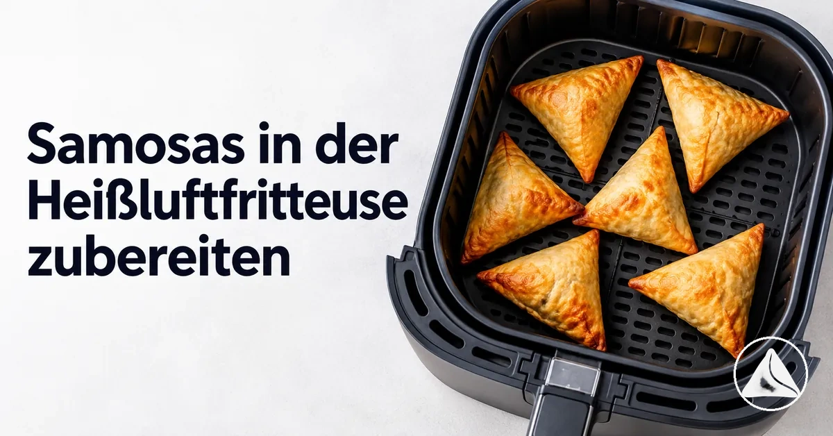 Samosas im Korb einer Heißluftfritteuse für eine knusprige Zubereitung