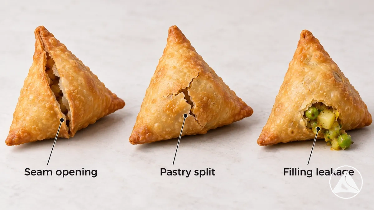 Drei Samosas, die eine geöffnete Naht entlang der verbundenen Kante, einen Riss durch den Teig abseits der Naht und durch eine Öffnung austretende Füllung zeigen