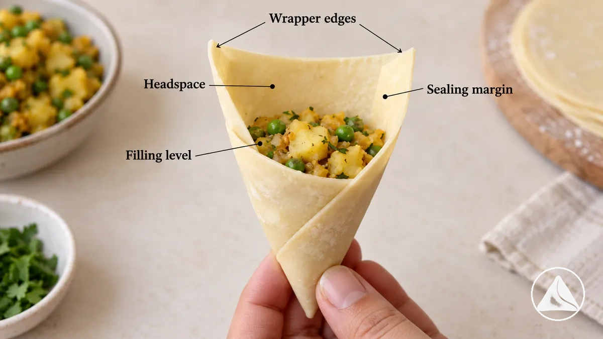 Offene Samosa-Tüte mit Füllung unterhalb der Oberkante, sichtbarem Freiraum und genügend verbleibender freier Teighülle zum Verschließen