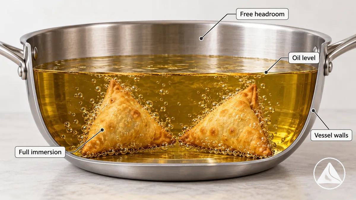 Von Frittieröl umgebene Samosas in einer tiefen Pfanne mit sichtbarem Freiraum über dem Ölspiegel.