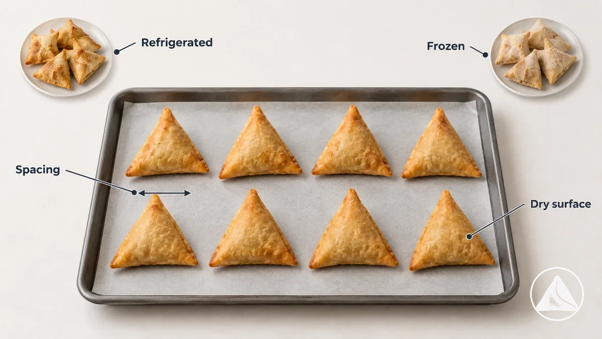 Restliche Samosas mit Abstand angeordnet und für gleichmäßiges Aufwärmen vorbereitet