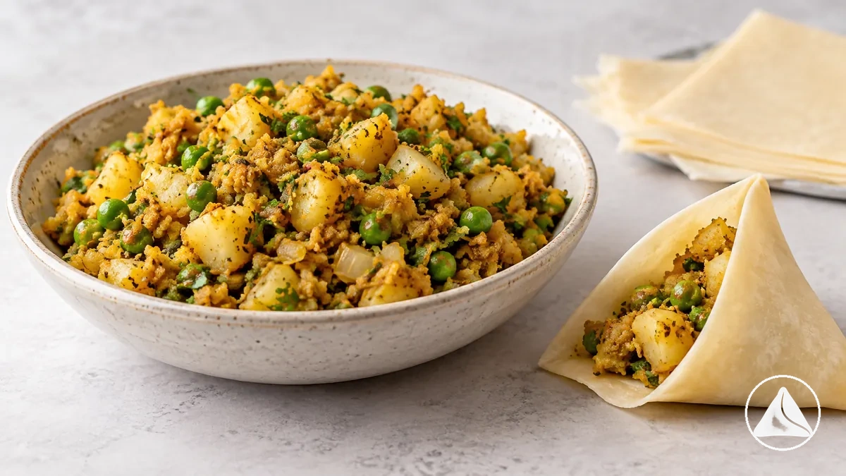 Zubereitete Samosa-Füllung mit sichtbarer Textur neben einer geöffneten Teighülle