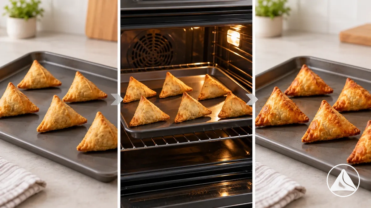 Gegarte Samosas mit Abstand auf einem Blech zum Aufwärmen im Ofen