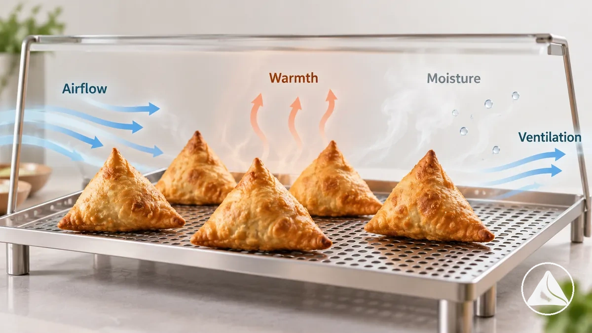 Gegarte Samosas mit Abstand, Luftzirkulation und minimaler Abdeckung vor dem Servieren