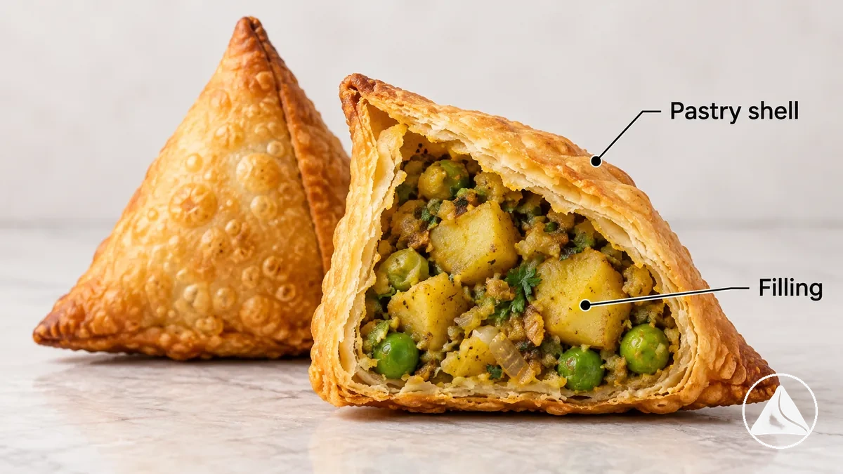 Samosa mit sichtbarem Teigmantel und innerer Füllung