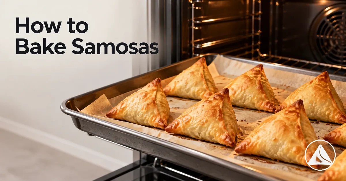 Samosas baking on a tray until crisp and evenly browned