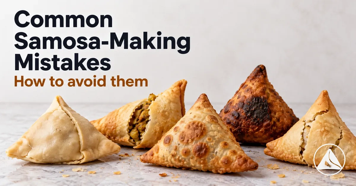Several samosas showing common preparation and frying mistakes