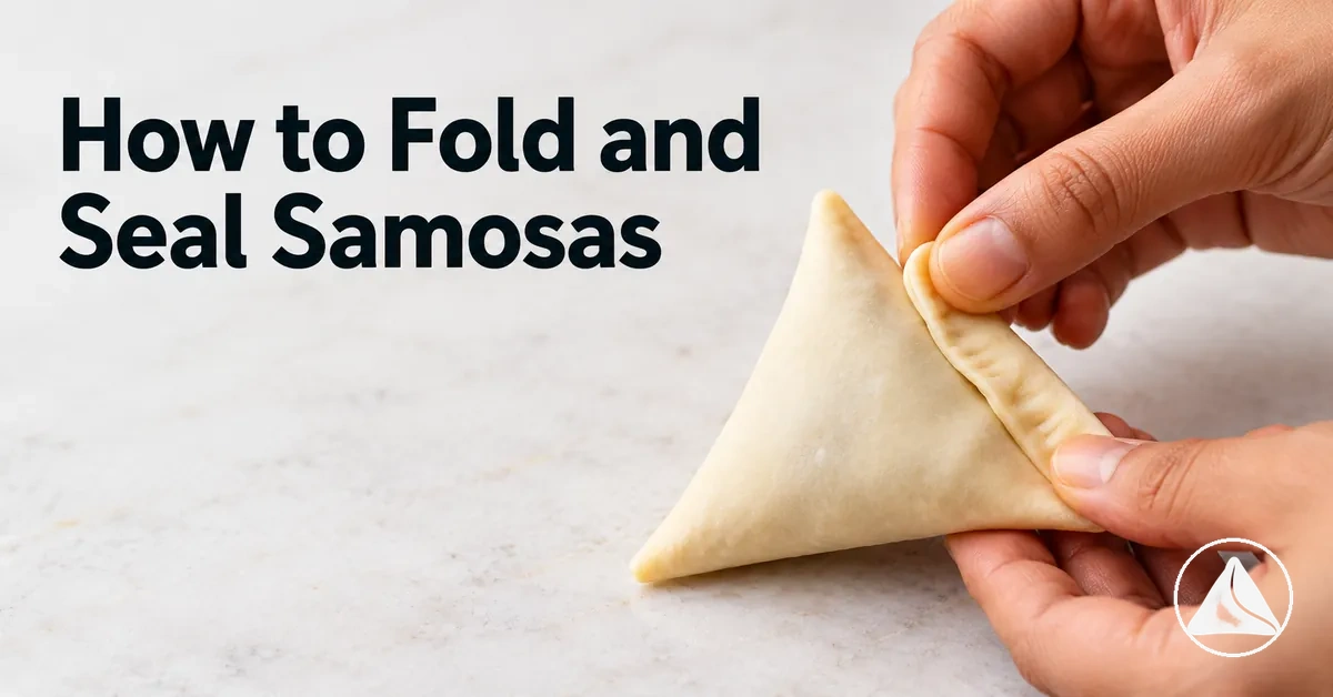 Samosa pastry being folded and sealed into a triangular shape