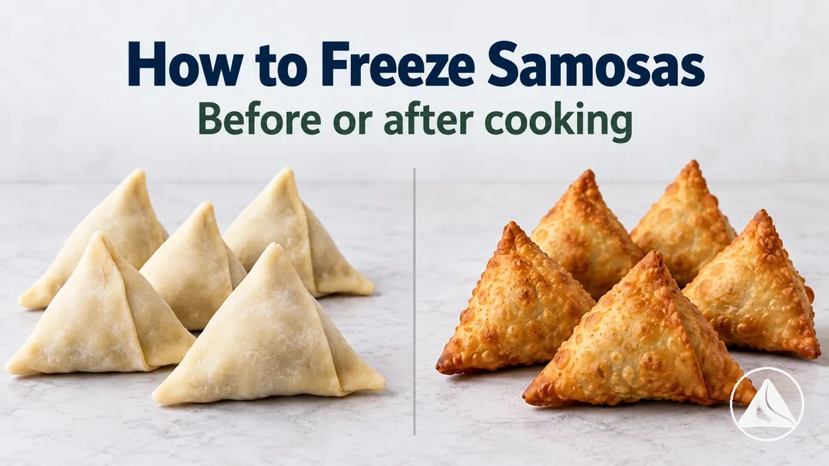 Samosas arranged for freezing before or after cooking