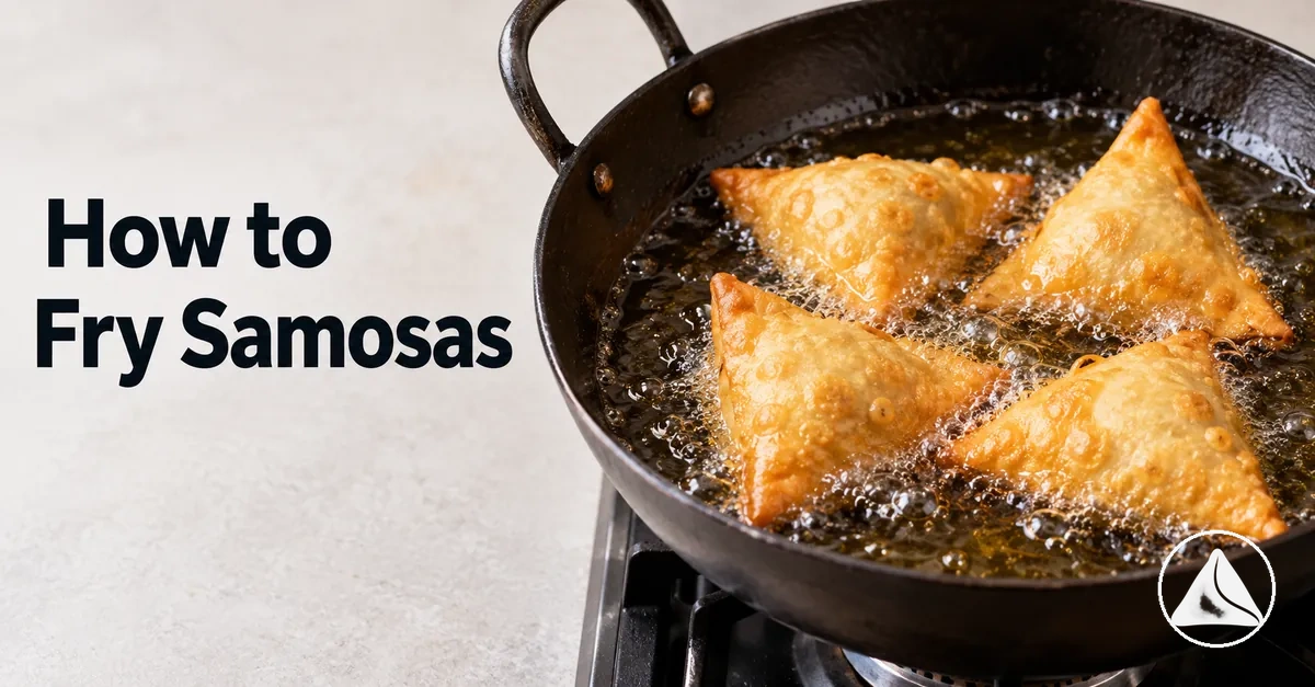 Samosas frying in hot oil until evenly crisp and golden