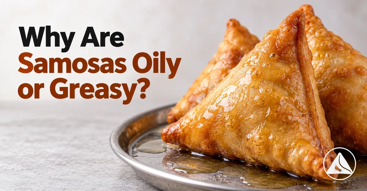 Greasy samosas showing excess oil on the fried pastry