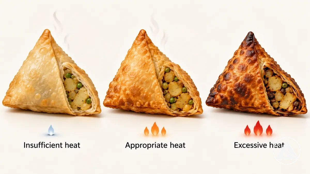 Samosa pastry under different frying heat conditions showing changes in cooking rate and surface texture