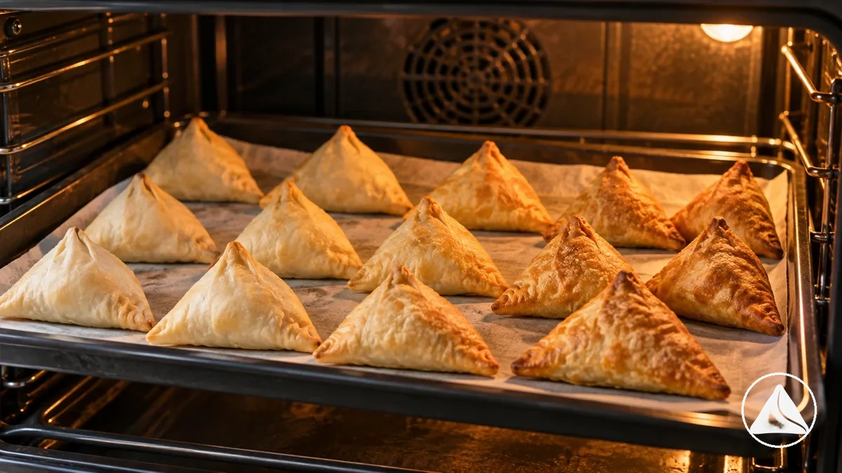 Samosas baking in stages as the pastry becomes evenly browned and crisp