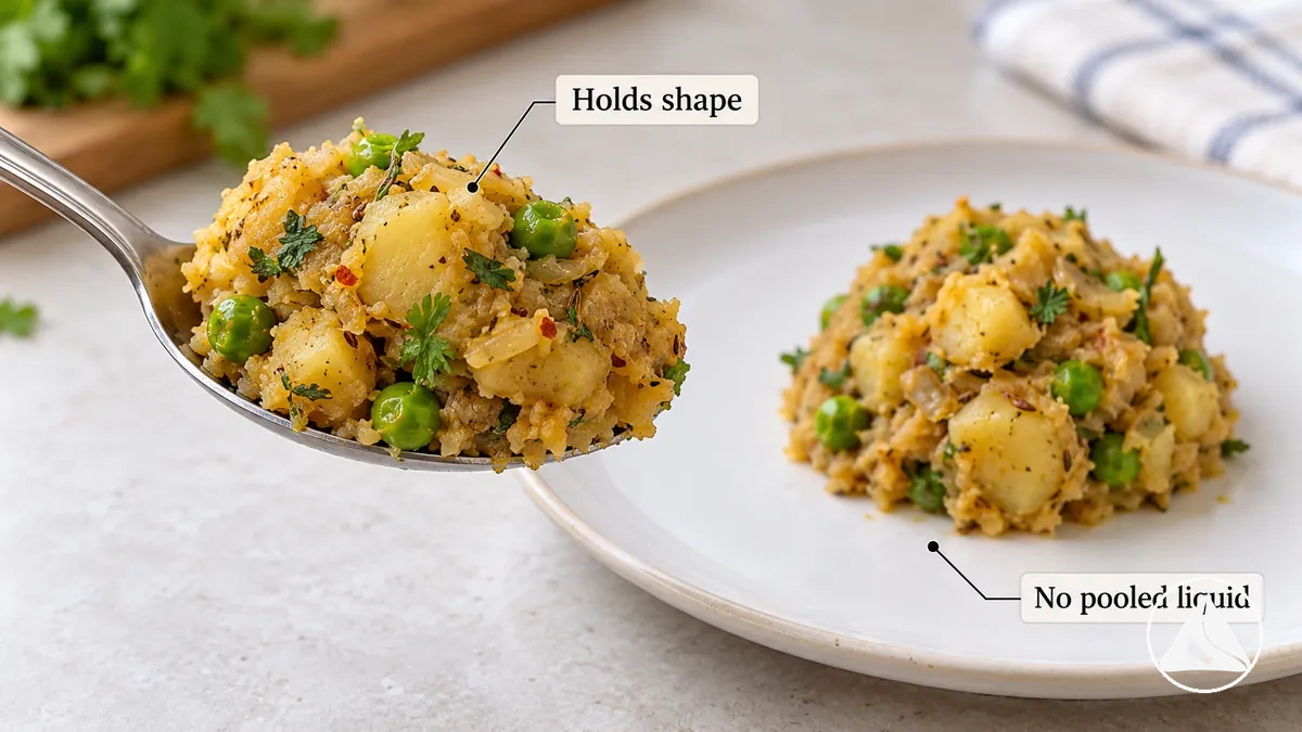 Cooled samosa filling holding its shape in a spooned portion, with a stable mixture and no visible new liquid after resting