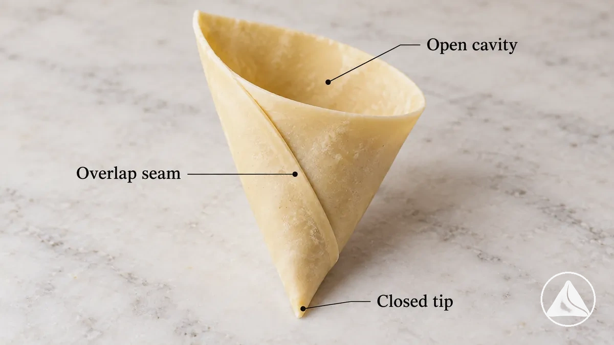 Close-up of overlapping samosa wrapper edges forming a flat cone seam with a closed pointed tip and an open cavity for filling
