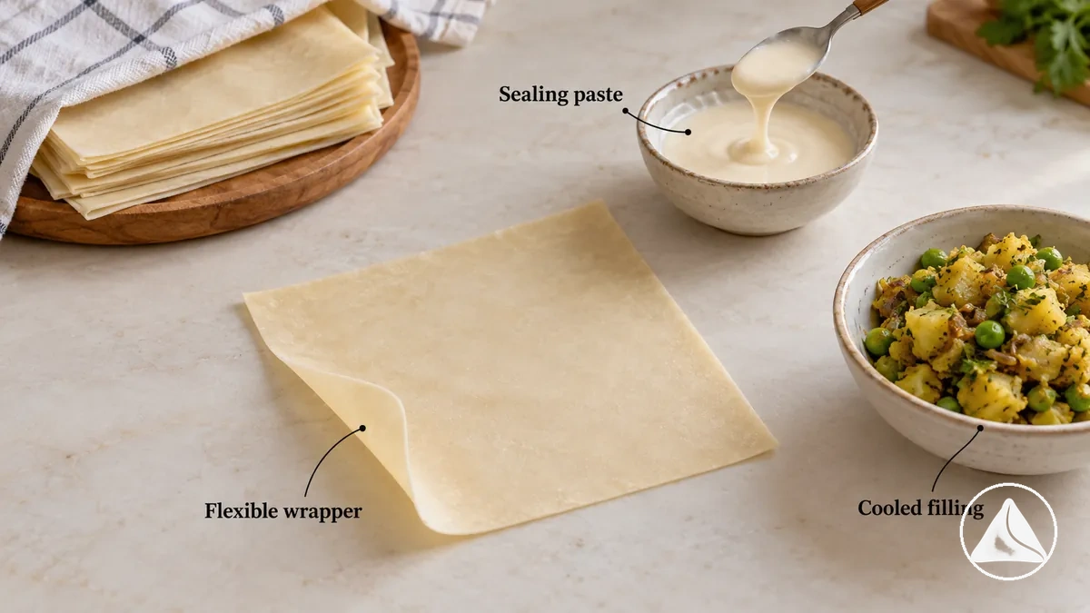 Flexible samosa wrapper with intact edges laid flat on a clean work surface, with sealing paste nearby and filling kept separate