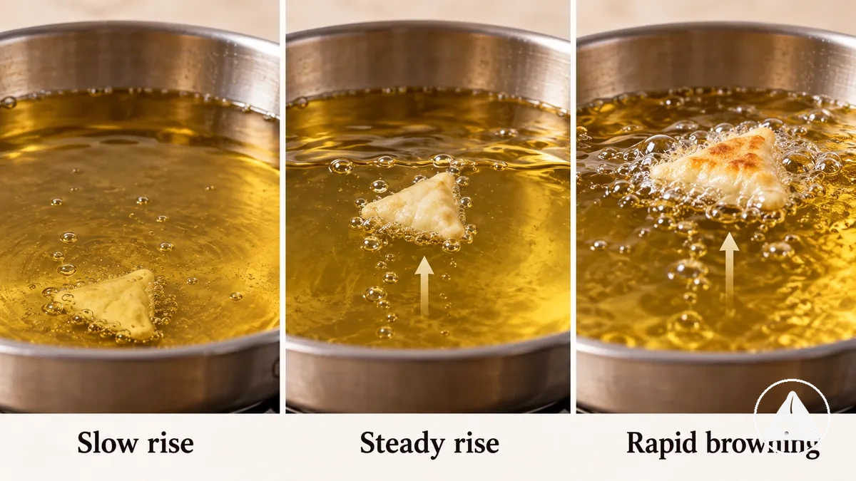 Dough scrap test showing oil readiness for frying samosas without a thermometer.