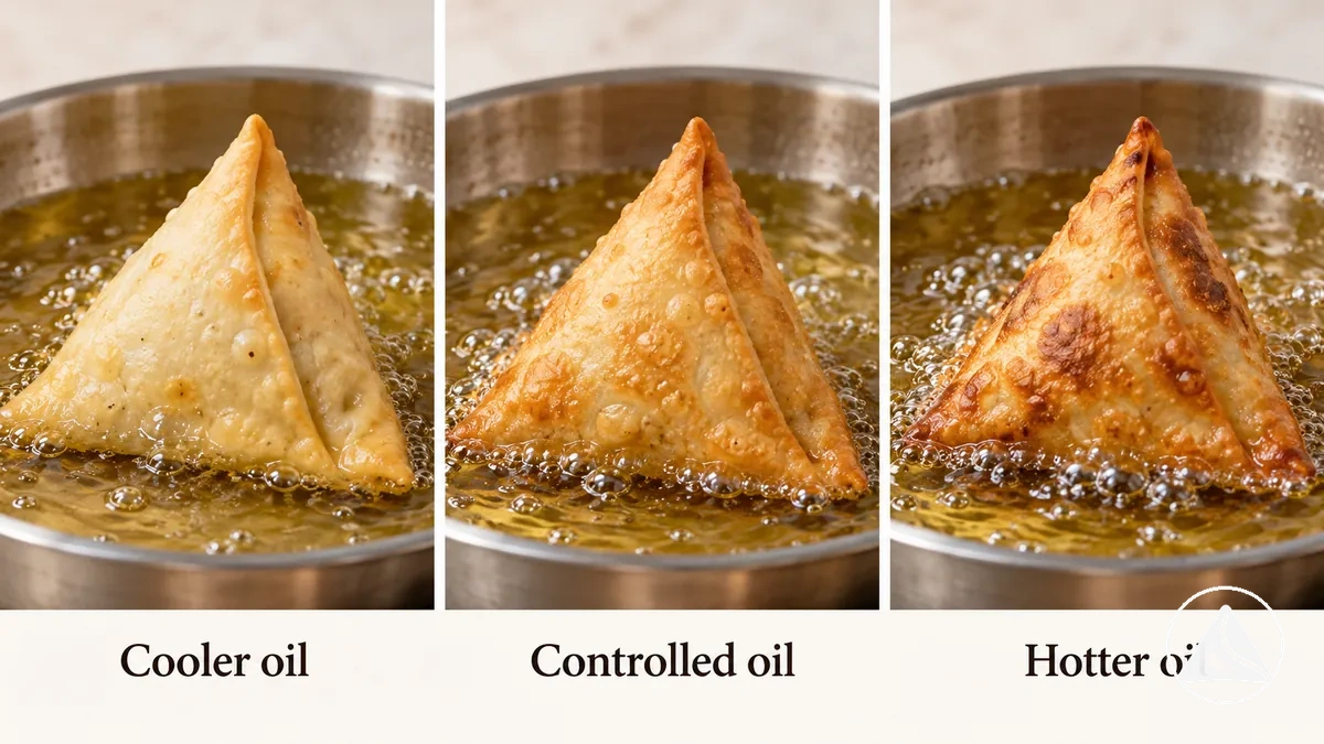 Samosa browning differences under cooler, controlled, and hotter frying conditions.