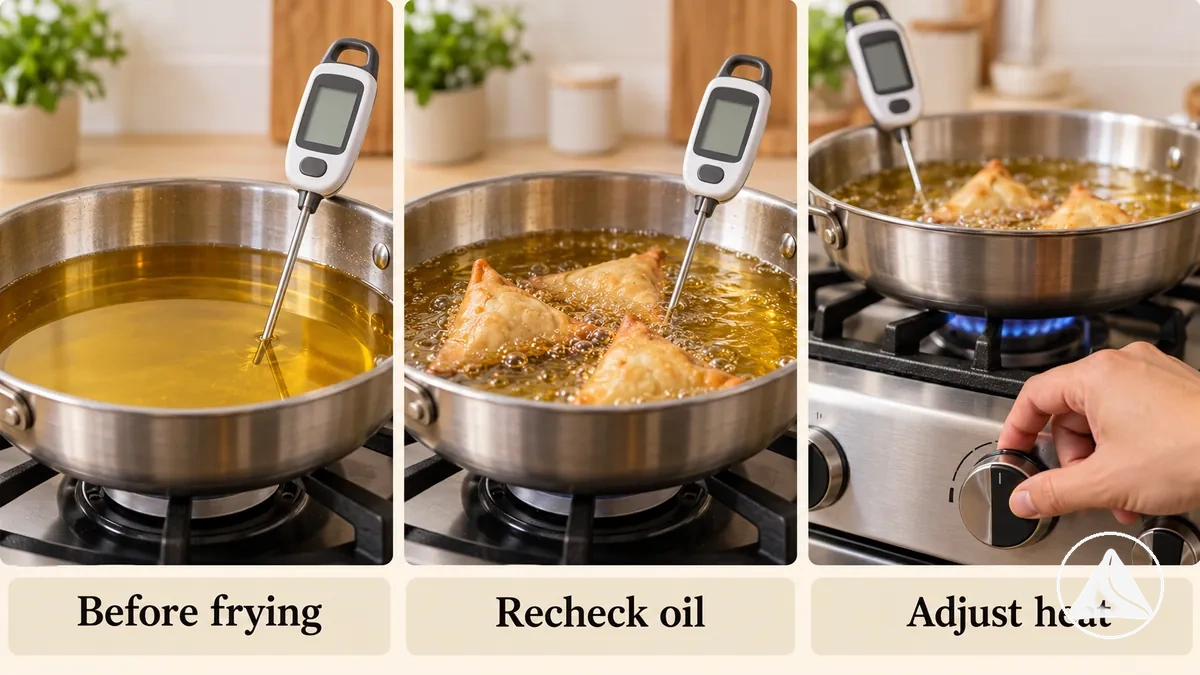 Measuring frying oil with a thermometer before and during samosa frying.