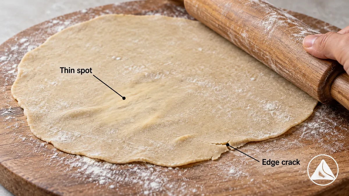 Rolled raw samosa pastry showing an uneven thin area and edge cracking during shaping