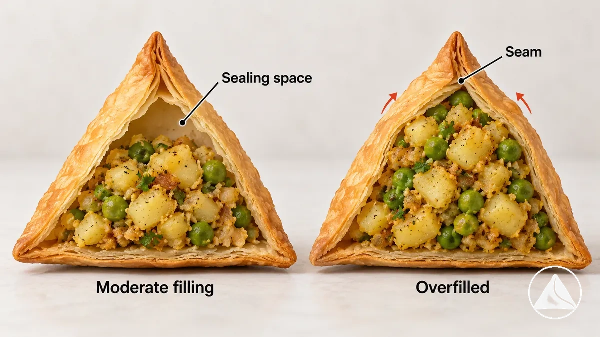 Side-by-side cutaway comparison of two similarly sized samosas, one with space above the filling for sealing and the other tightly packed with filling close to the seam