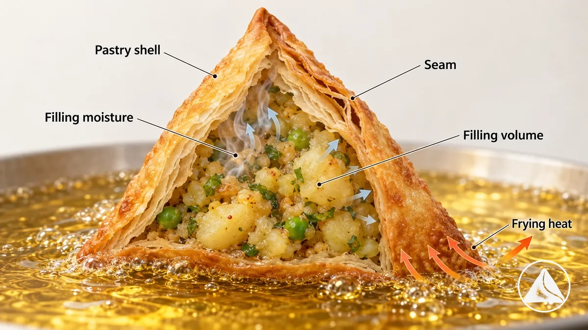 Cutaway diagram of a samosa showing the joined seam, pastry shell, filling area, internal moisture and volume, and external frying heat with arrows indicating possible stress