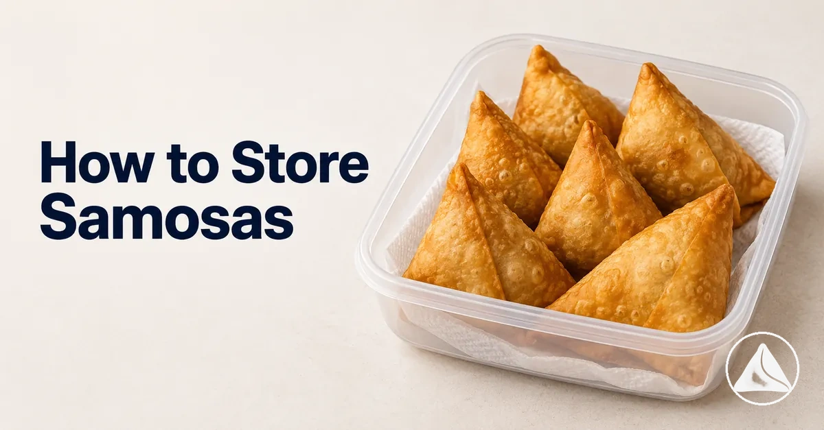 Cooked samosas stored in a container to preserve their texture