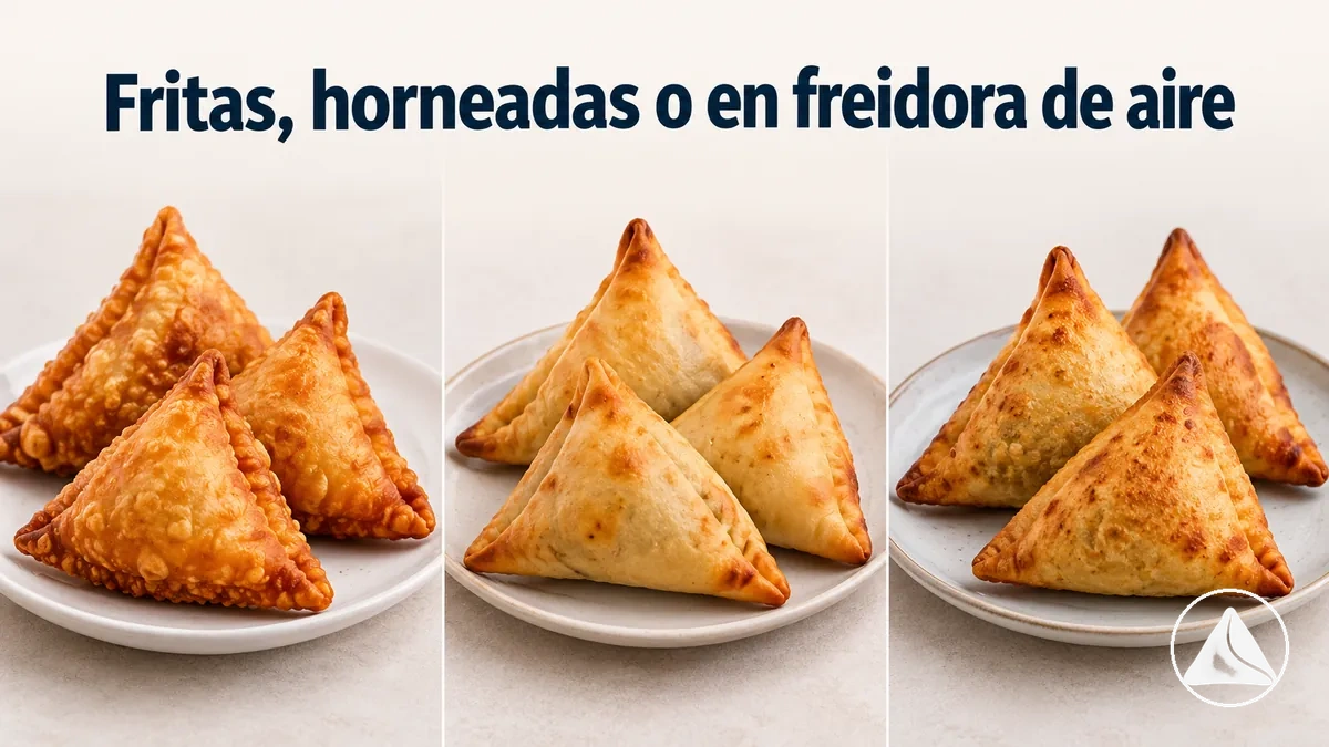 Samosas fritas, horneadas y hechas en freidora de aire colocadas una junto a otra