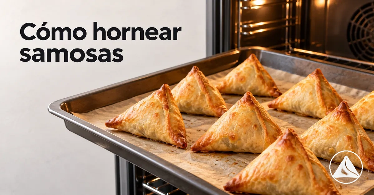 Samosas horneándose en una bandeja hasta quedar crujientes y doradas de forma uniforme