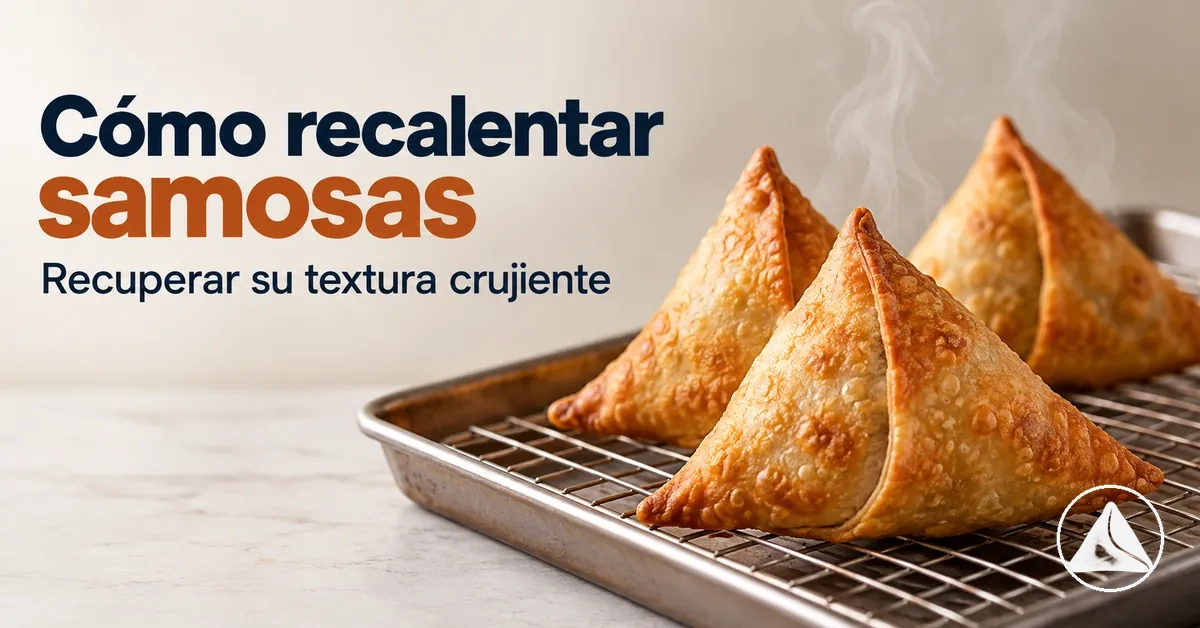 Samosas ya cocinadas recalentándose hasta que la masa recupera su textura crujiente