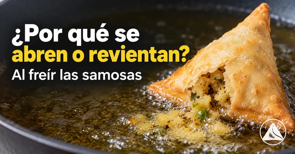 Samosa abierta durante la fritura con el relleno saliendo por el cierre