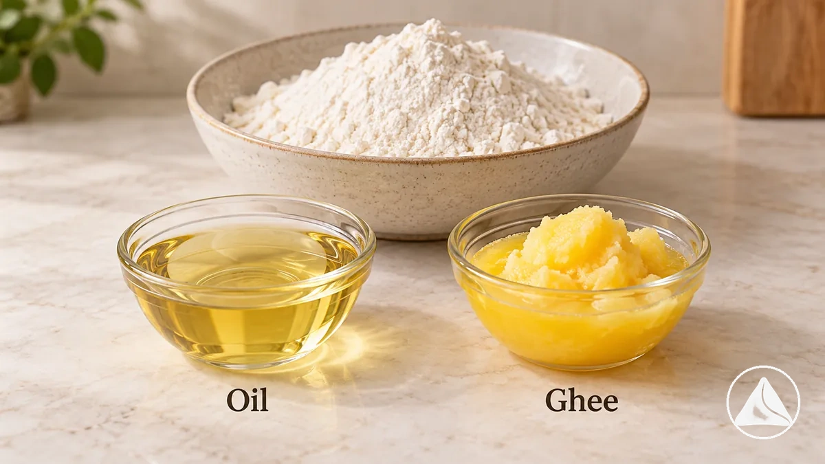 Aceite y ghee en recipientes separados junto a la harina como grasas alternativas para la masa de samosas.