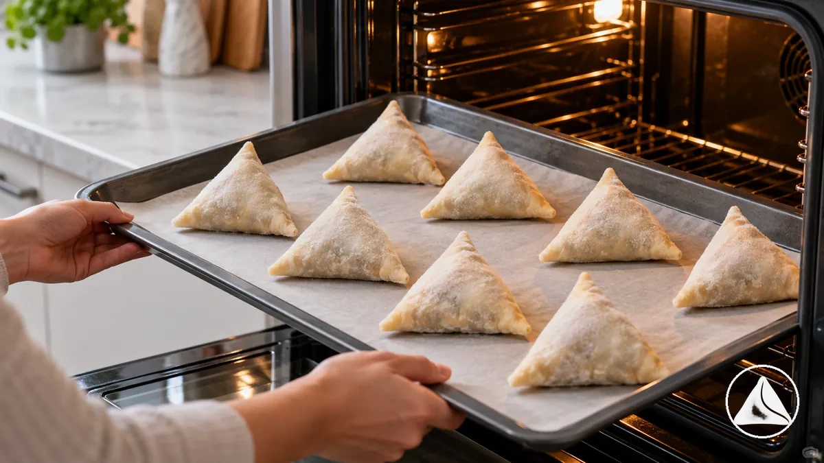 Samosas congeladas dispuestas en una bandeja de horno antes de hornearse desde su estado congelado