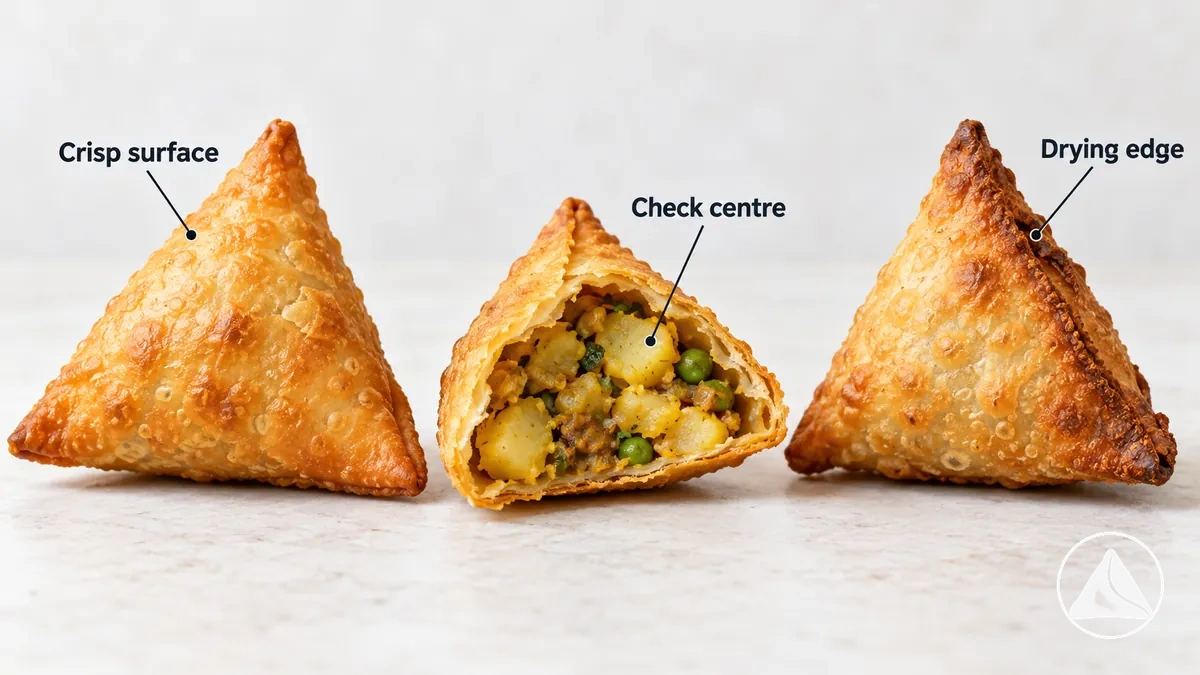 Samosas recalentadas con masa crujiente usadas para evaluar los ajustes de tiempo y temperatura