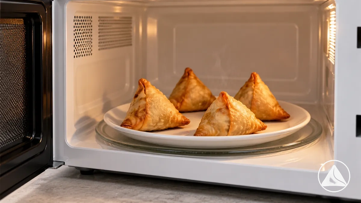 Samosas cocidas en un plato apto para microondas listas para intervalos cortos de recalentado