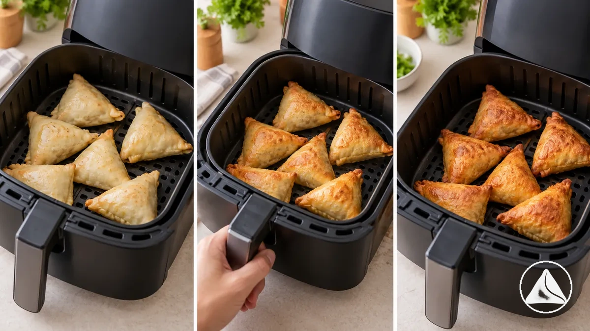 Samosas cociéndose en una freidora de aire mientras se supervisan el dorado y el punto de cocción