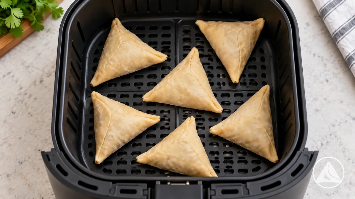 Samosas colocadas en una sola capa dentro de la cesta de una freidora de aire