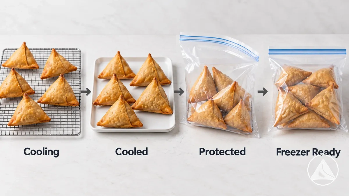 Samosas cocinadas enfriándose antes de colocarse y protegerse en envase para congelador