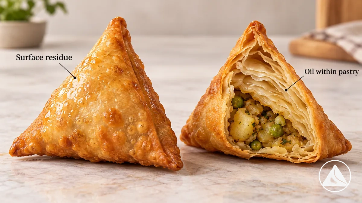 Comparación anotada que muestra aceite superficial en una samosa frita y aceite retenido dentro de su corteza.