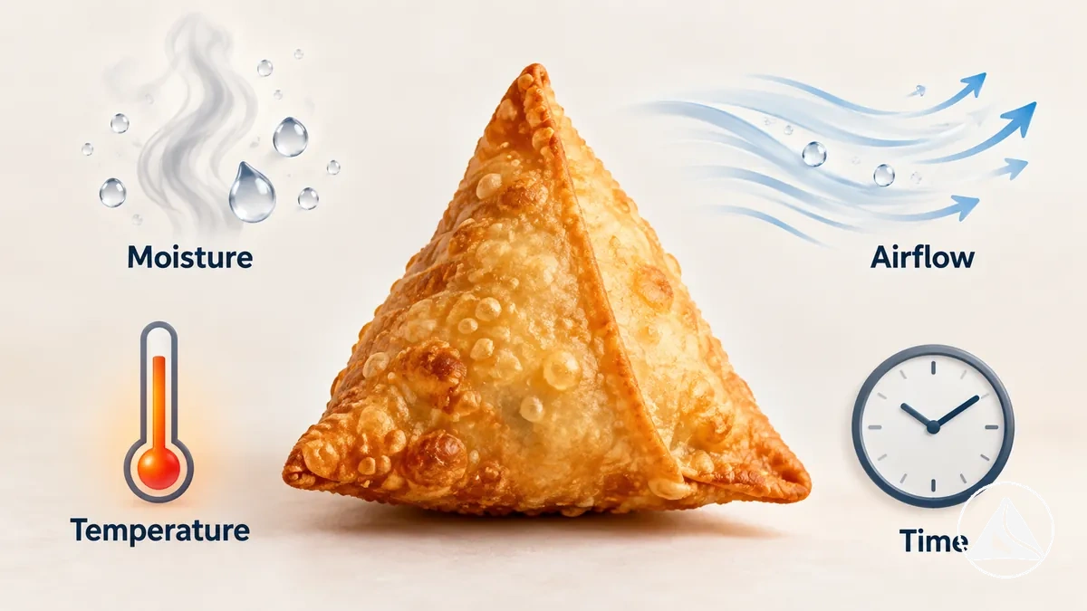 Samosa cocinada rodeada de indicadores de humedad, flujo de aire, temperatura y tiempo de conservación