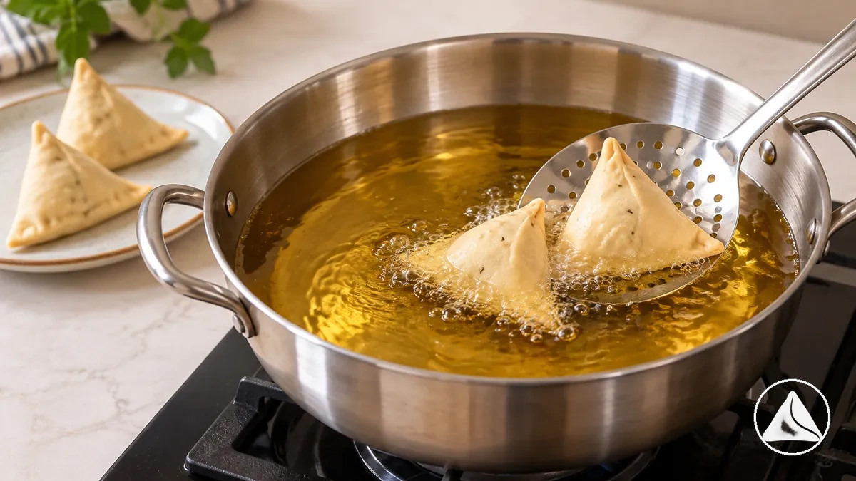 Aceite limpio para freír en inmersión en una sartén profunda preparada para cocinar samosas, con samosas crudas cerca.