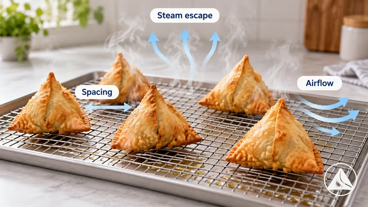 Samosas recién cocinadas separadas para que el vapor pueda escapar durante el enfriamiento