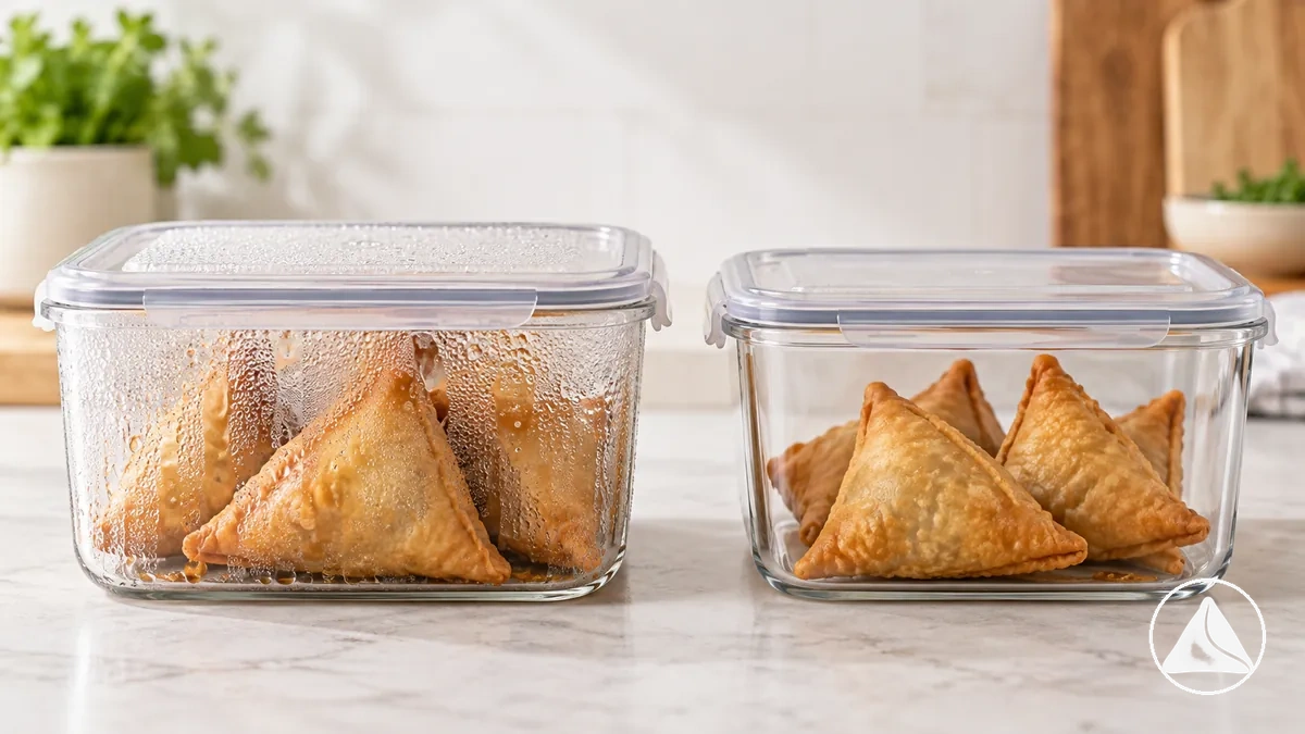 Samosas calientes en un recipiente cerrado con condensación visible en comparación con samosas enfriadas listas para su conservación