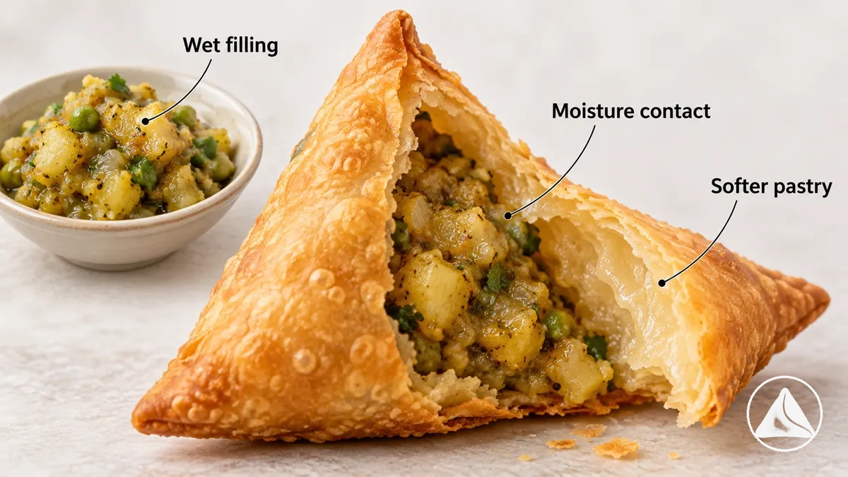 Relleno de samosa húmedo junto a la masa que muestra dónde el exceso de humedad puede ablandar la corteza.