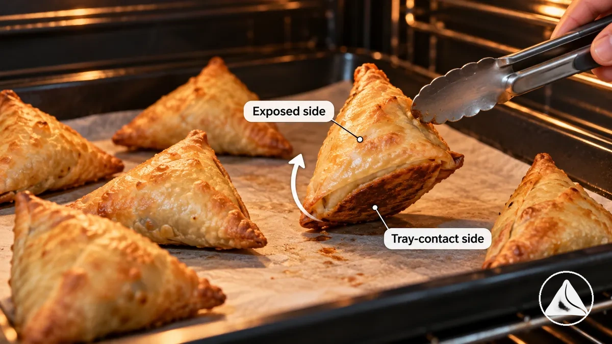 Samosas siendo giradas durante el horneado mientras un lado se dora más rápido que el otro
