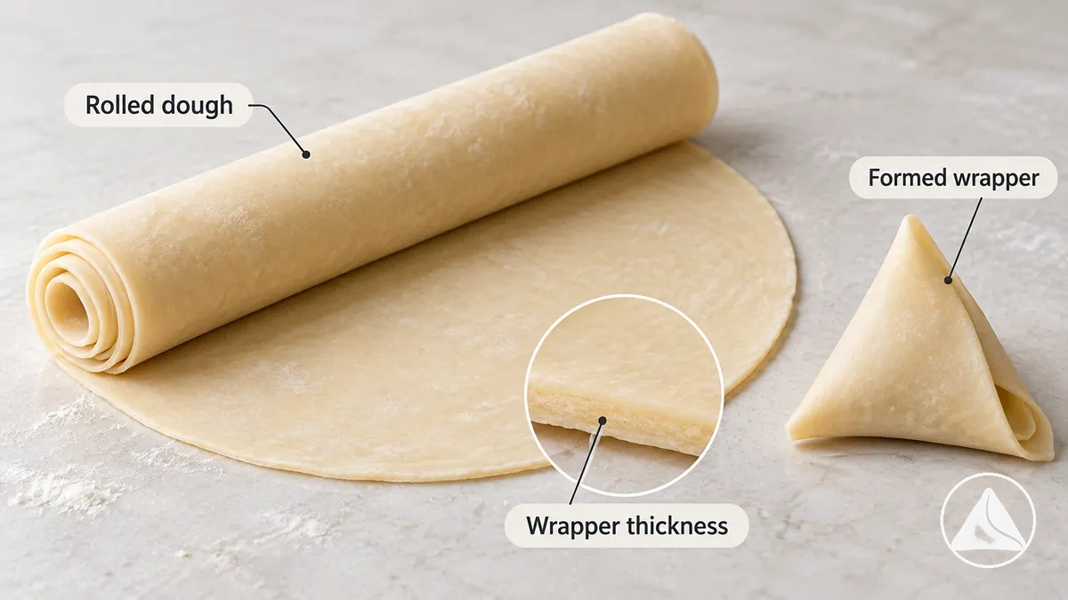 Masa para samosas estirada que muestra el grosor de la envoltura y la estructura de masa manejable